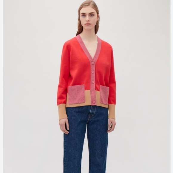COS Sweaters - Cos coral pink and tan V neckline button knit cardigan Sz XS